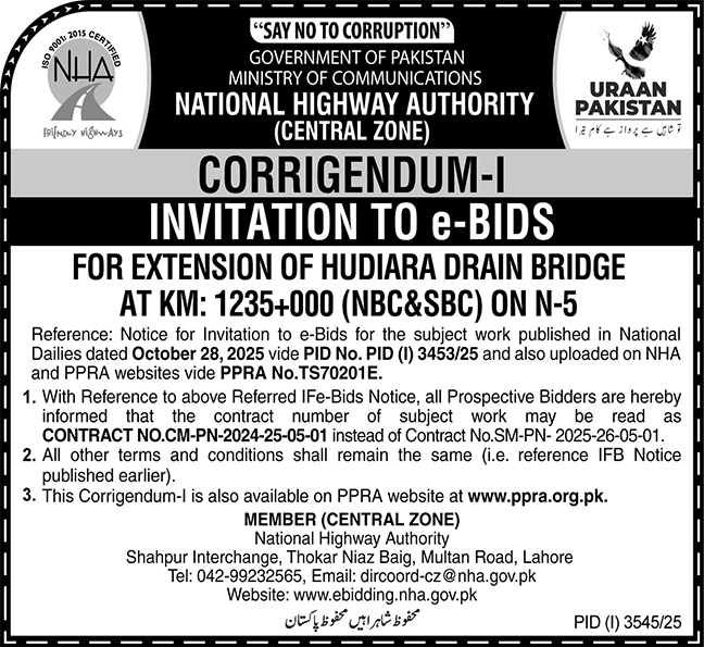 National Highway Authority Lahore Tender Notice